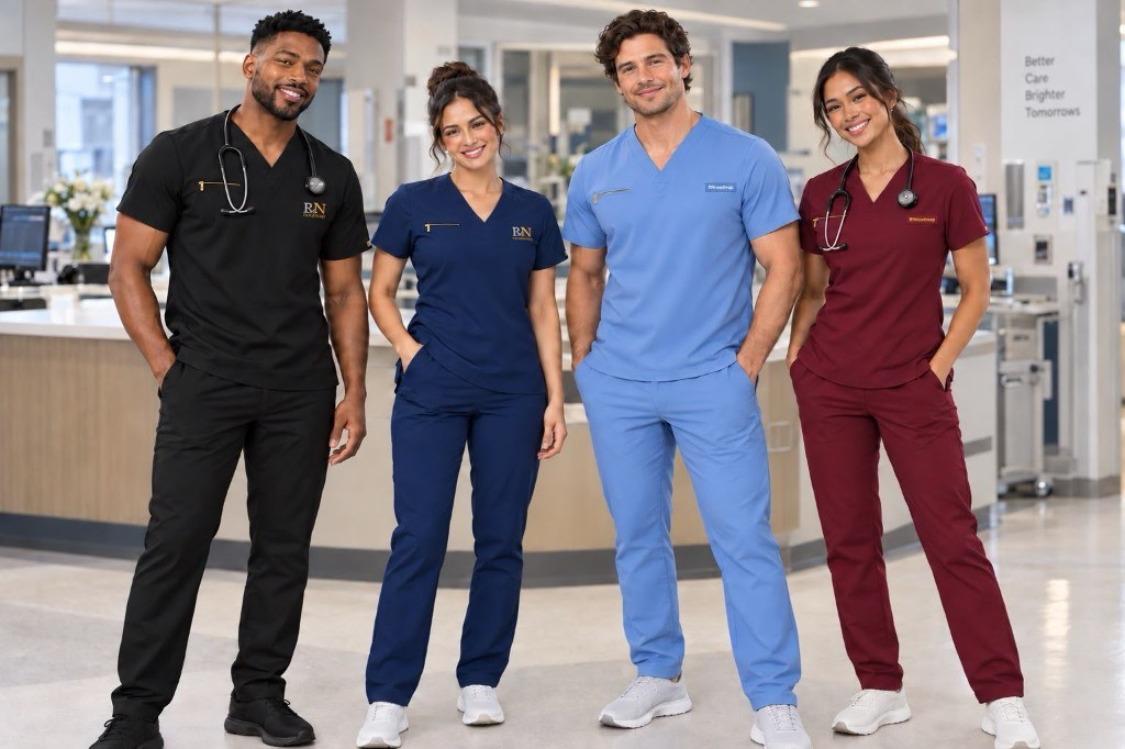 Healthcare professionals wearing RNroadmap performance scrubs in black, navy, light blue, and burgundy